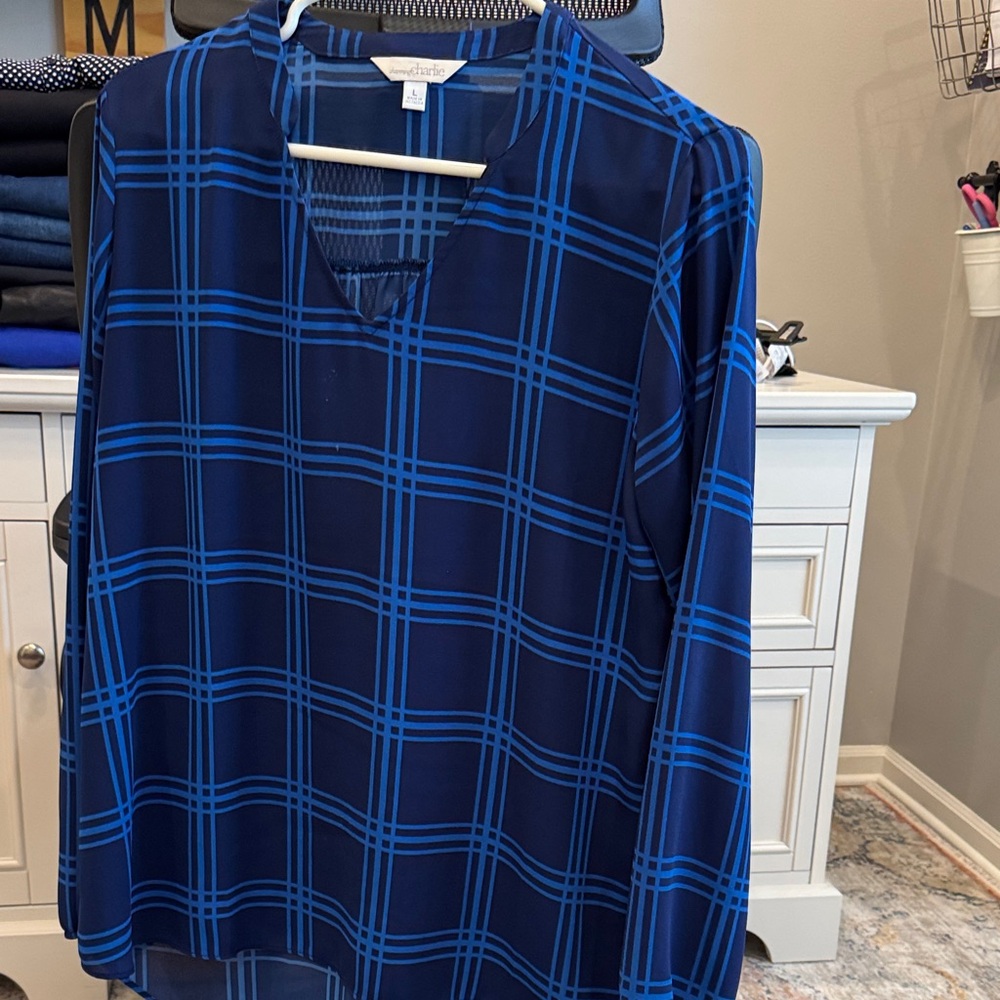 Charming Charlie Navy Blue Plaid V-Neck Blouse